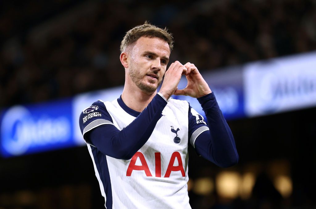 James Maddison of Tottenham Hotspur celebrates scoring his team&#039;s second goal during the Premier League match between Manchester City FC and Tottenham Hotspur FC at Etihad Stadium on November 23, 2024 in Manchester, England.