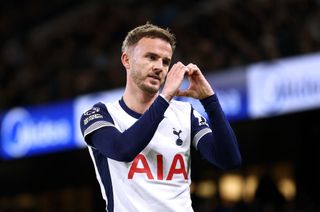 James Maddison of Tottenham Hotspur celebrates scoring his team's second goal during the Premier League match between Manchester City FC and Tottenham Hotspur FC at Etihad Stadium on November 23, 2024 in Manchester, England.