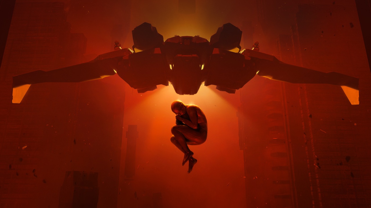 EVE Frontier key art showing fetal position clone character underneath fighter-looking ship.