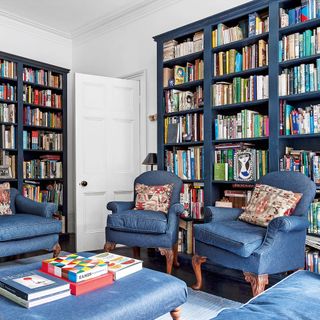 library with blue shelves and white door