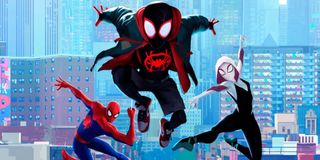 An action sequence in Spider-Man Into the Spider-Verse