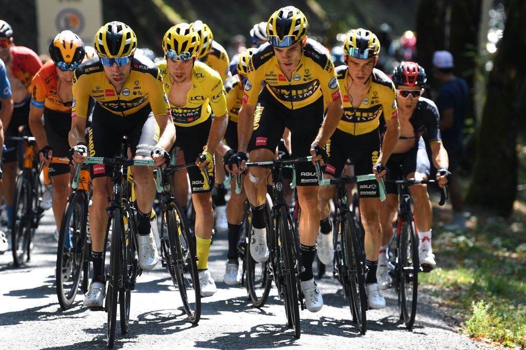 GRAND COLOMBIER FRANCE SEPTEMBER 13 Tom Dumoulin of The Netherlands and Team Jumbo Visma Primoz Roglic of Slovenia and Team Jumbo Visma Yellow Leader Jersey Wout Van Aert of Belgium and Team Jumbo Visma during the 107th Tour de France 2020 Stage 15 a 1745km stage from Lyon to Grand Colombier 1501m TDF2020 LeTour on September 13 2020 in Grand Colombier France Photo by Tim de WaeleGetty Images
