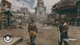 Starfield Akila city - a player in a yellow duster jacket with a shotgun on their back walks through a space-western looking city