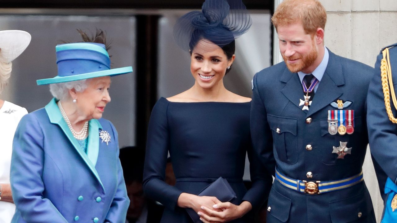 Queen Elizabeth, Prince Harry, and Meghan Markle at Trooping the Colour