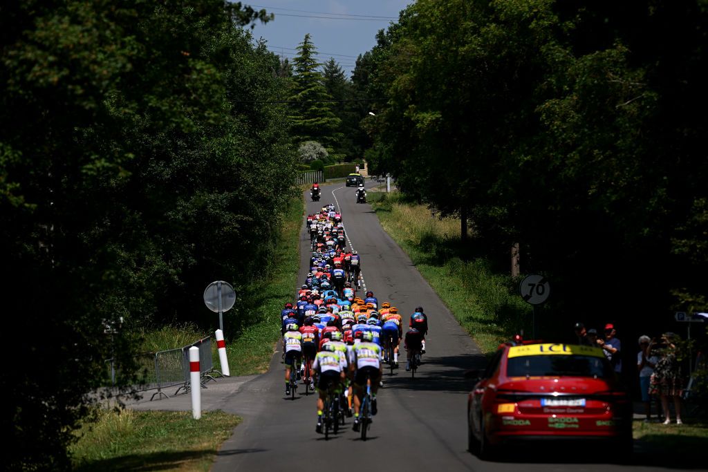 SALINSLESBAINS JUNE 08 A general view of the peloton competing during the 75th Criterium du Dauphine 2023 Stage 5 a 1911km stage from CormoranchesurSane to SalinslesBains UCIWT on June 08 2023 in SalinslesBains France Photo by Dario BelingheriGetty Images