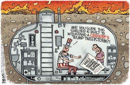 Political Cartoon U.S. Trump Tweeting Uncle Sam Storm