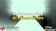 The words "Future-proofing AI infrastructure" against a light green background with abstract shapes on it representing data center racks. The words 'AI infrastructure' are yellow and the others are white. In the bottom left corner the Keysight logo is shown and in the bottom right corner, the ITPro Podcast is shown.