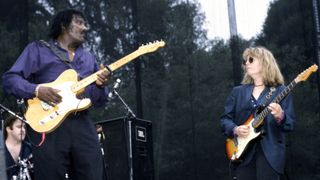 Debbie Davies perform as part of the Santa Cruz Blues Festival at Aptos Village Park on May 30, 1993 in Mountain View California.