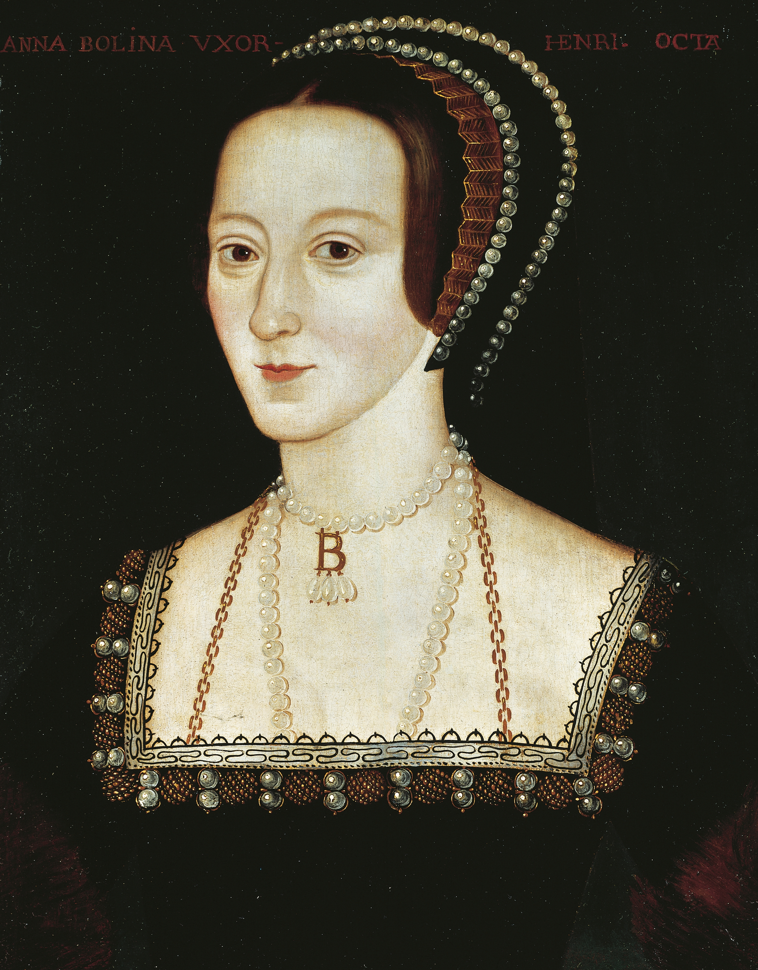 Portrait of Anne Boleyn in a black, square neck dress and pearl jewellery
