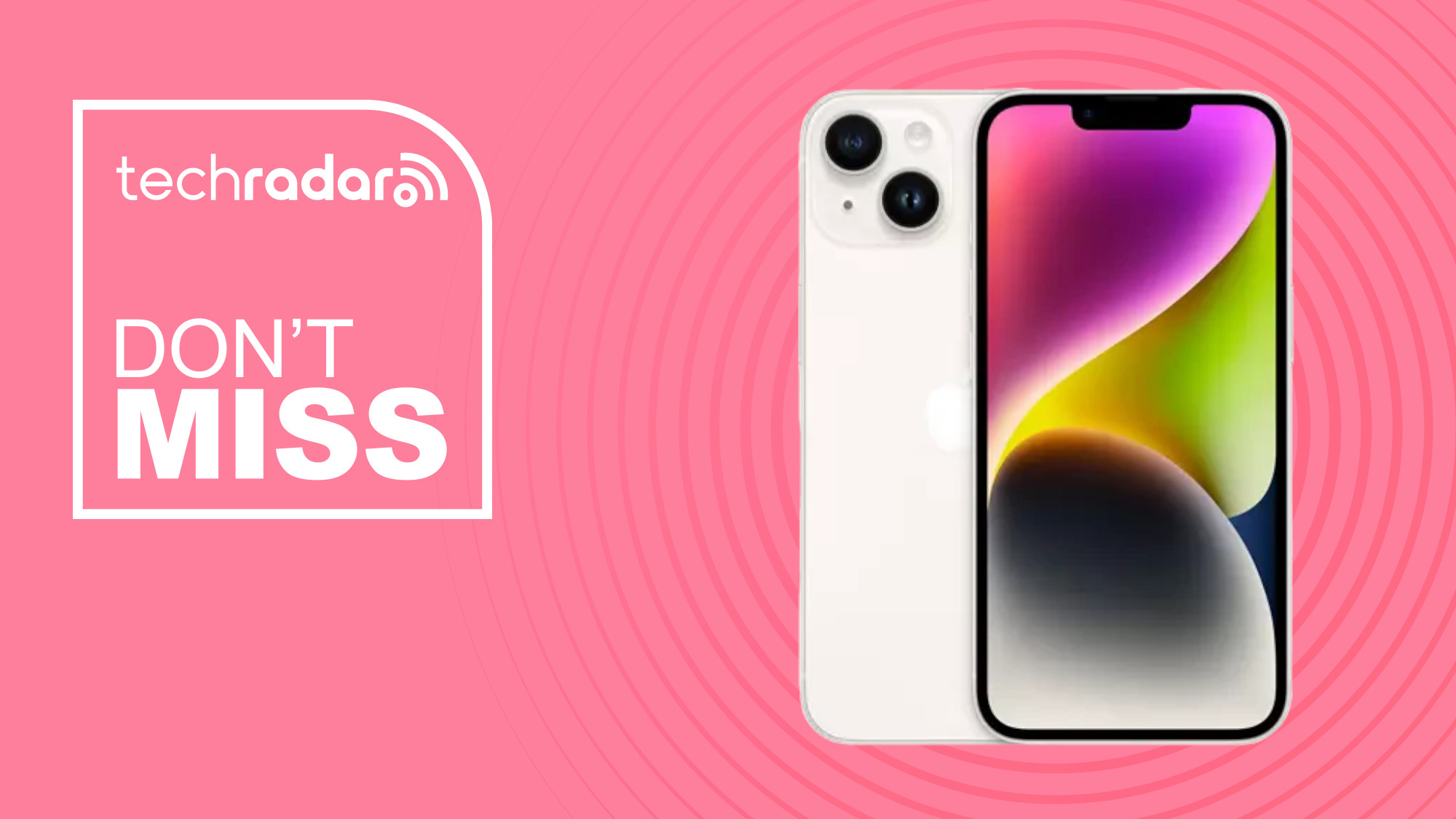 Apple iPhone 14 on pink background with don&#039;t miss text overlay
