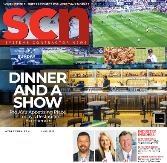 The cover to June SCN magazine featuring a bartender in front of a massive video wall of sports.