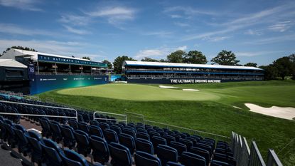 A view from the grandstand of the 18th green at Bellerive Country Club