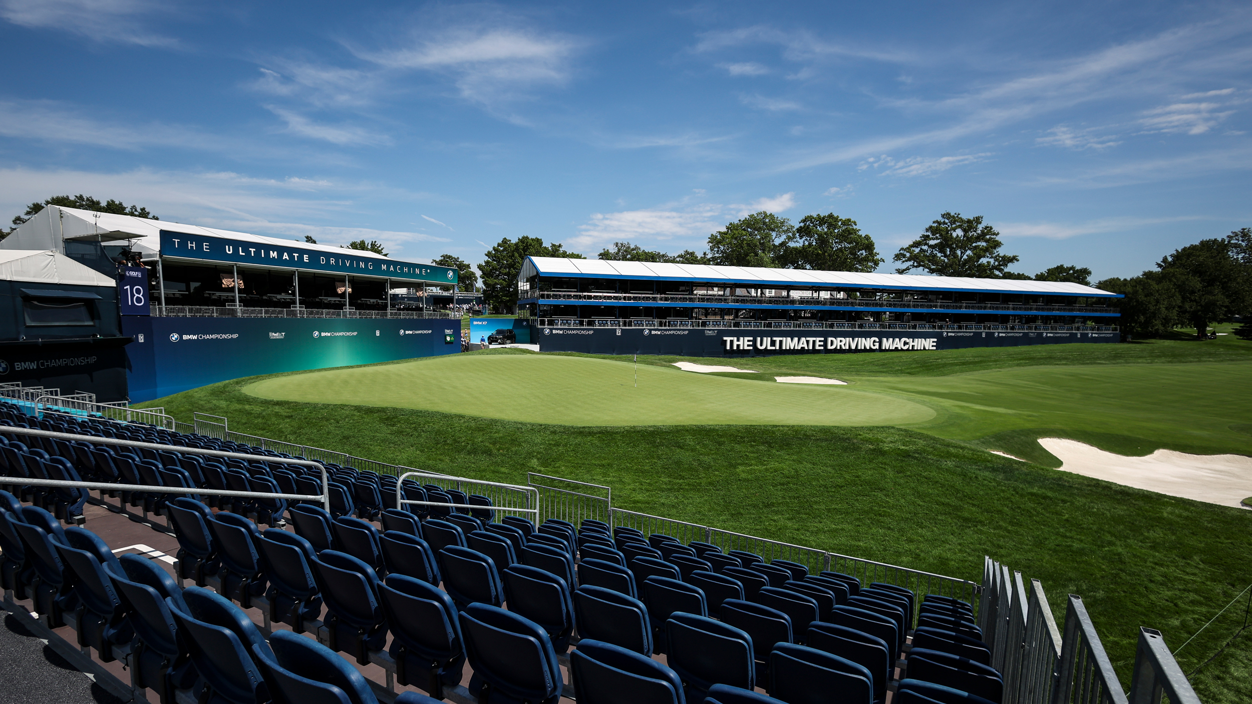 A view from the grandstand of the 18th green at Bellerive Country Club
