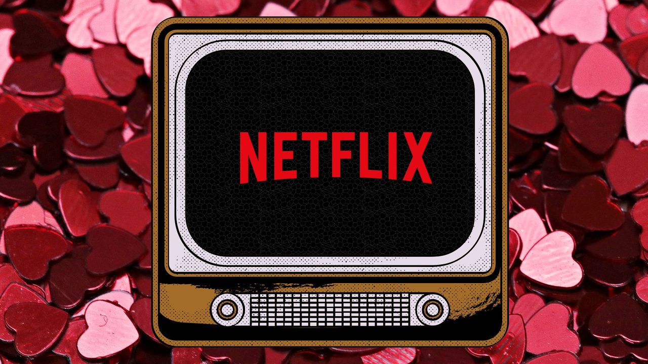 An illustrated TV with the Netflix logo on the screen on a background of pink hearts