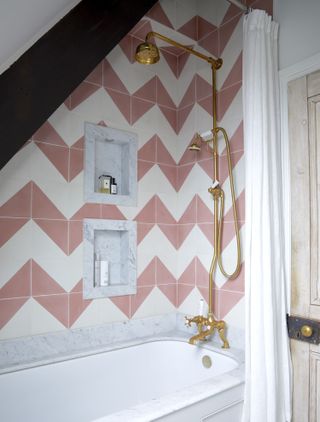 small bathroom layout ideas pink and white tiles