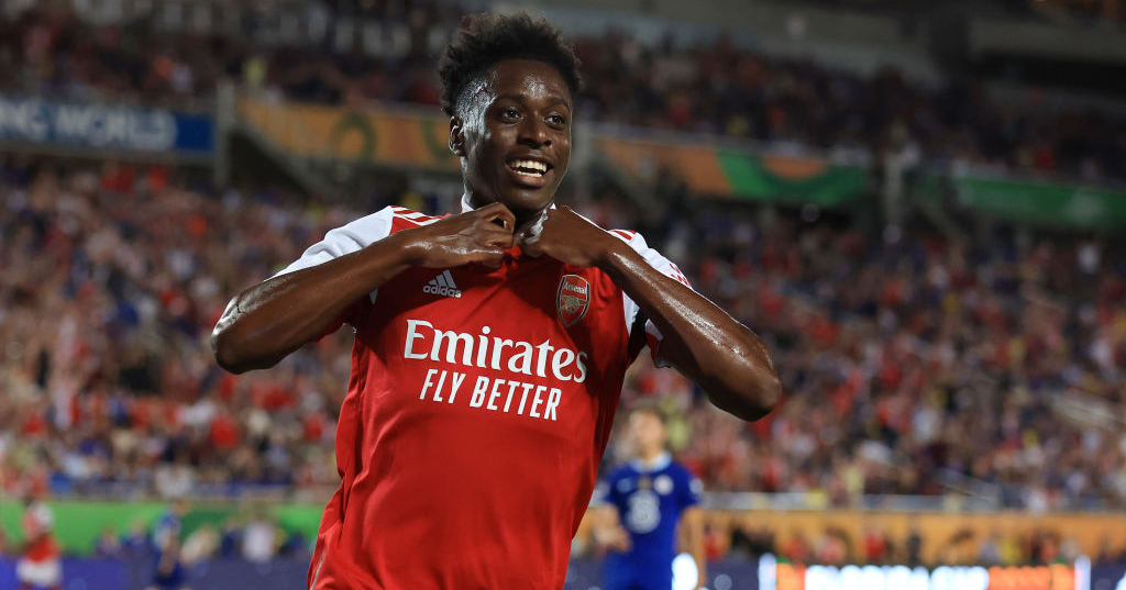 Arsenal star Albert Sambi Lokonga celebrates after scoring their side's fourth goal during the Florida Cup match between Chelsea and Arsenal at Camping World Stadium on July 23, 2022 in Orlando, Florida.