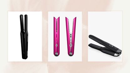 A collage of some of the best cordless straighteners included in this guide from Cloud Nine, Dyson, and ghd.