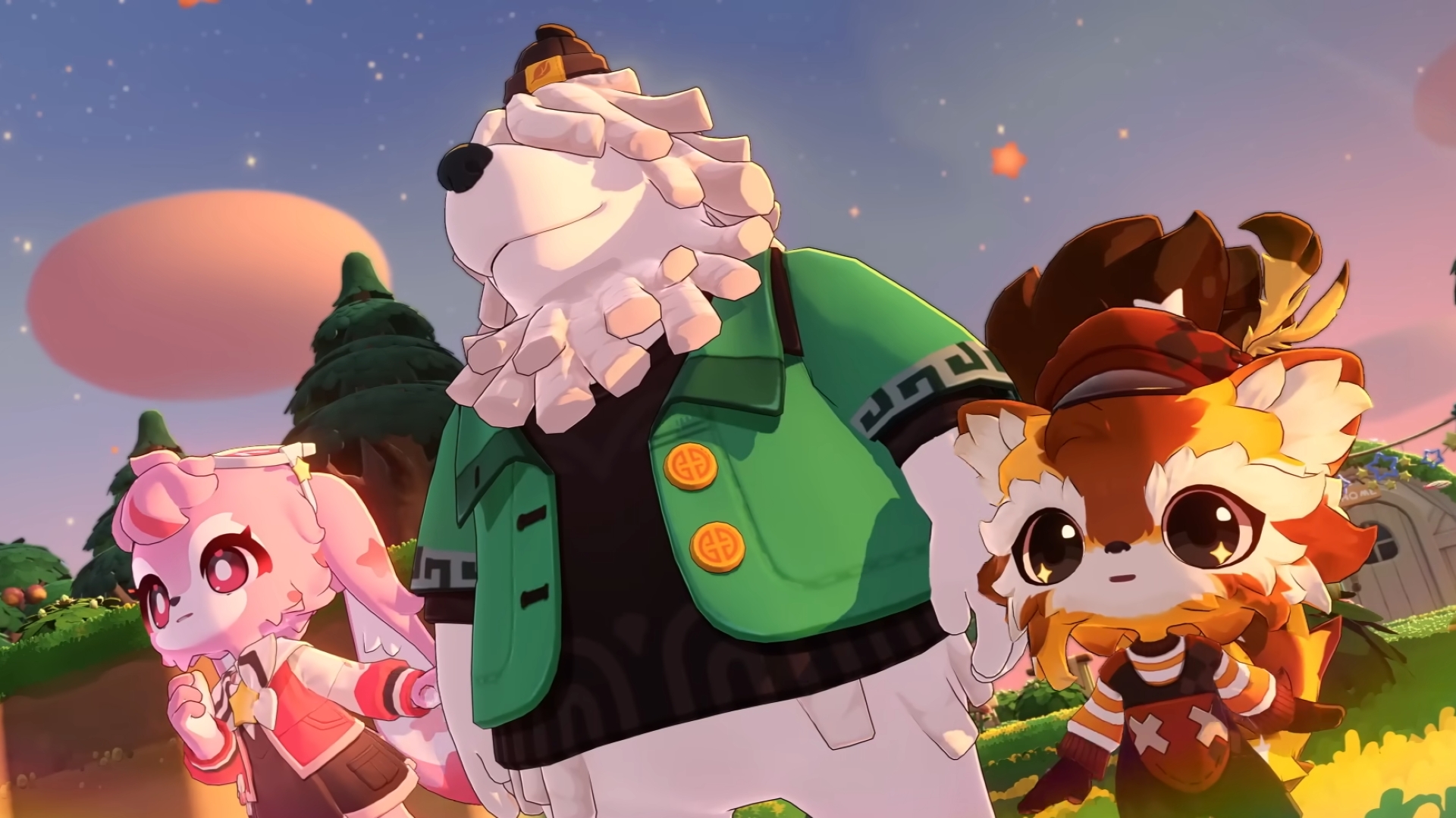 Three NPC neighbors from Petit Planet. There&#039;s a pink bunny on the left, shaggy-looking dog in the middle, and little orange fox on the right.
