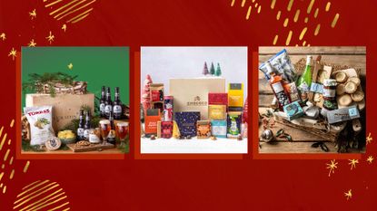 A composite image of three of the best Christmas hampers selected by woman&home for 2022 on a red background with gold patterns