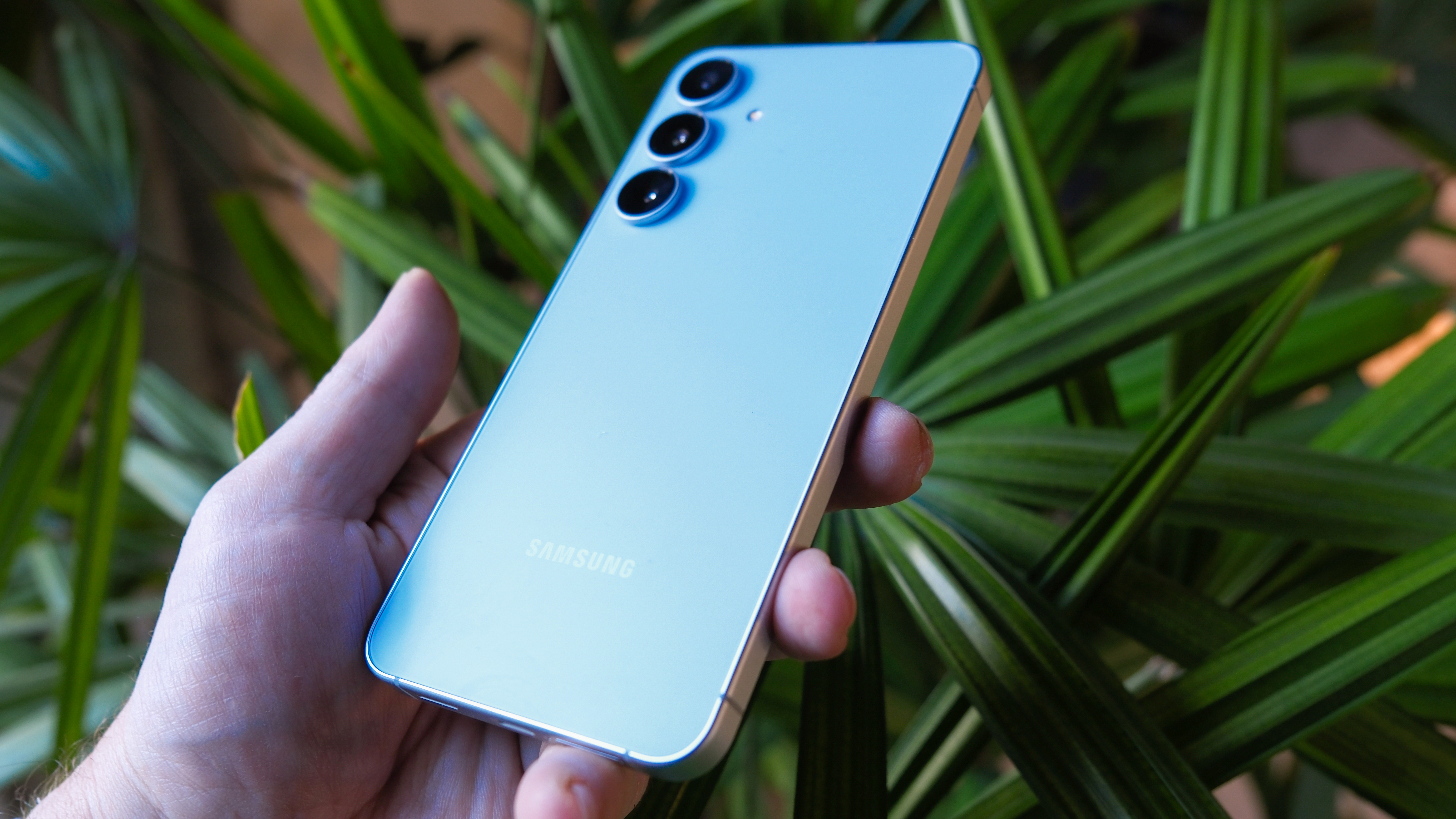 Samsung Galaxy S25 FE in hand with long green leaves behind