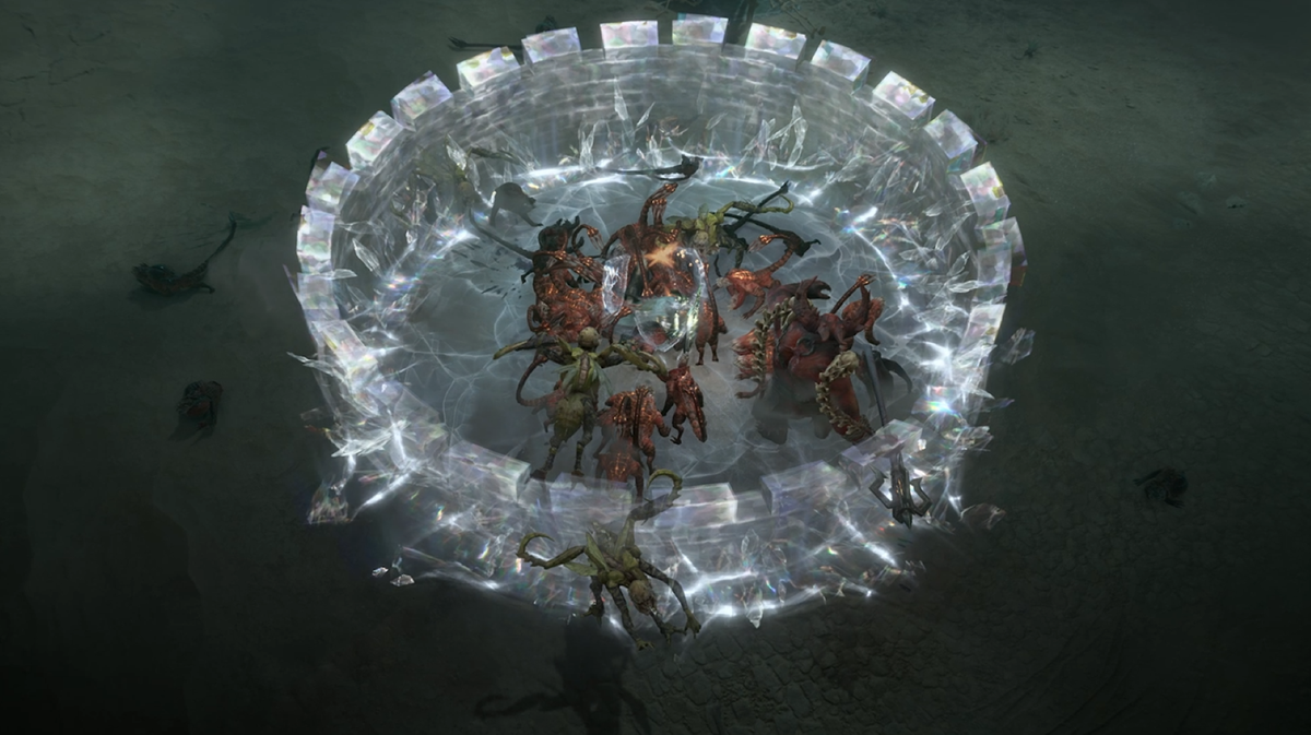 A promotional screenshot of the paladin class in Diablo 4: Lord of Hatred. A pack of demons and a paladin fight within a circle of spectral castle walls.