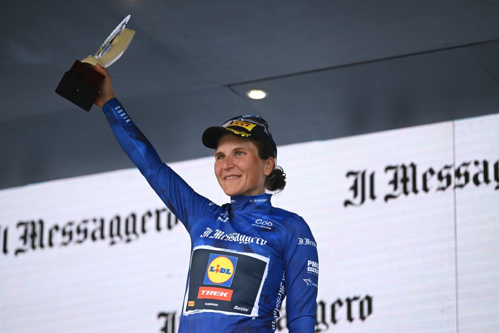 BORGO VAL DI TORO ITALY JULY 03 Elisa Longo Borghini of Italy and Team Lidl Trek celebrates at podium as Blue best Italian rider winner during the 34th Giro dItalia Donne 2023 Stage 4 a 134km stage from Fidenza to Borgo Val di Toro UCIWWT on July 03 2023 in Borgo Val di Toro Italy Photo by Dario BelingheriGetty Images