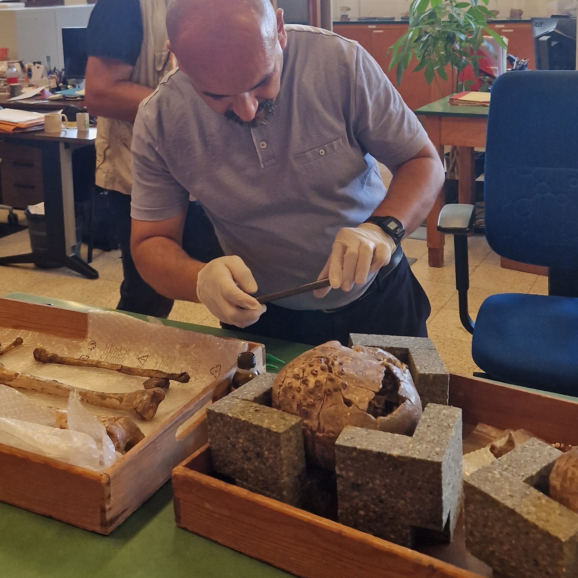 Um homem se curva sobre um crânio e ossos quebrados em um laboratório de arqueologia