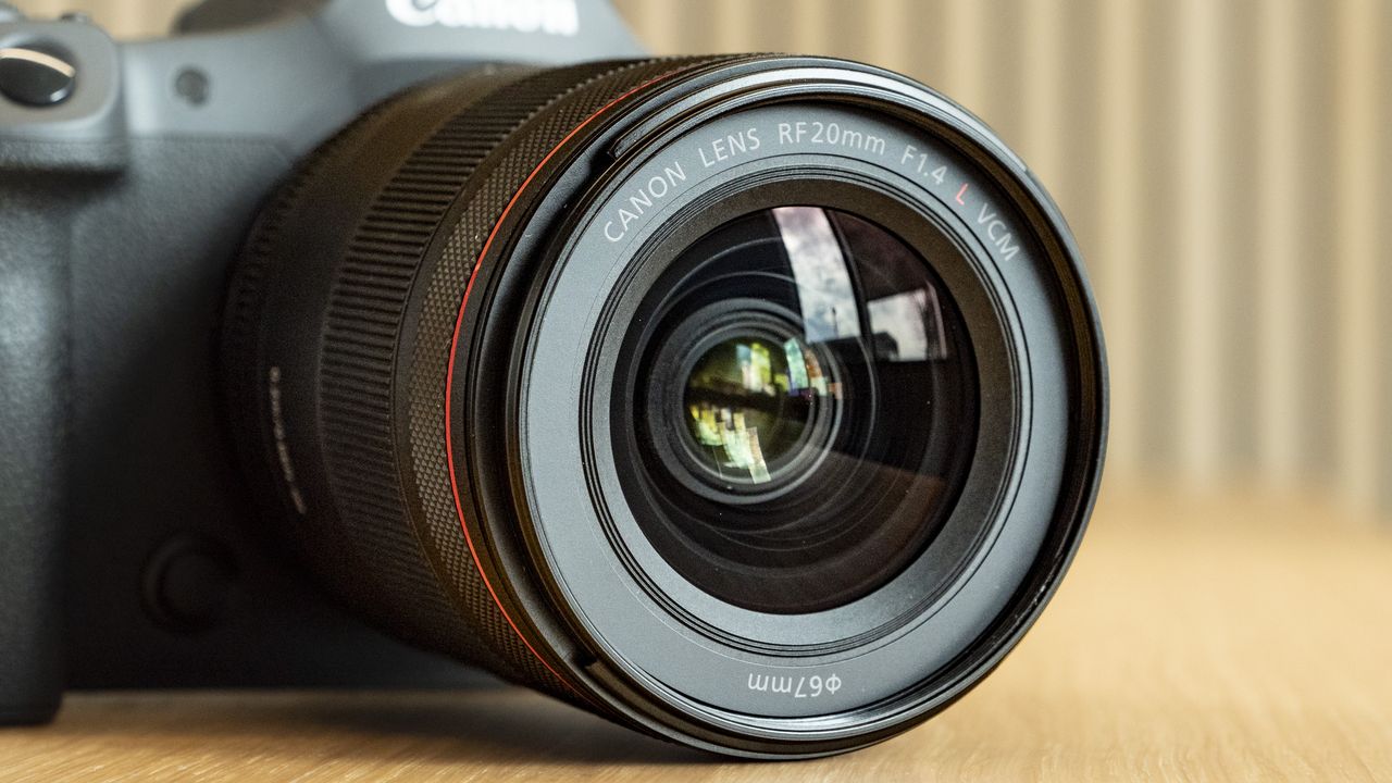 Closeup of the Canon RF 20mm F1.4L VCM lens' front lens element