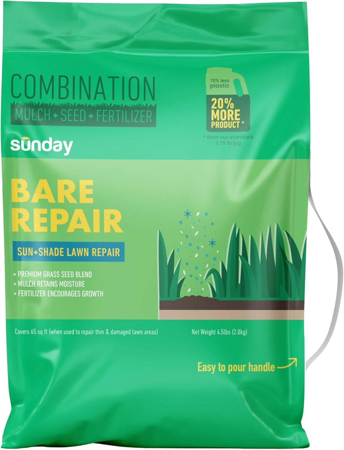 Sunday Bare Repair Sun and Shade Grass Seed Spot Treatment - Grass Seed for Shade and Hard to Grow Areas - Lawn Patch Repair That Works in 14 Days or Less - 4.5lb Bag (covers 55 Sq Ft)