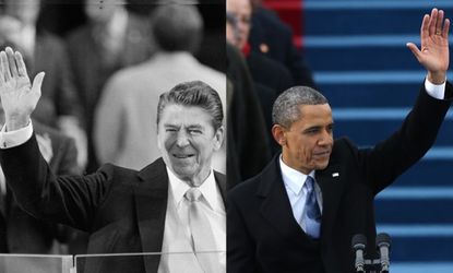 Ronald Reagan at his first inauguration on Jan. 20, 1981 and President Obama at his second on Jan. 21.