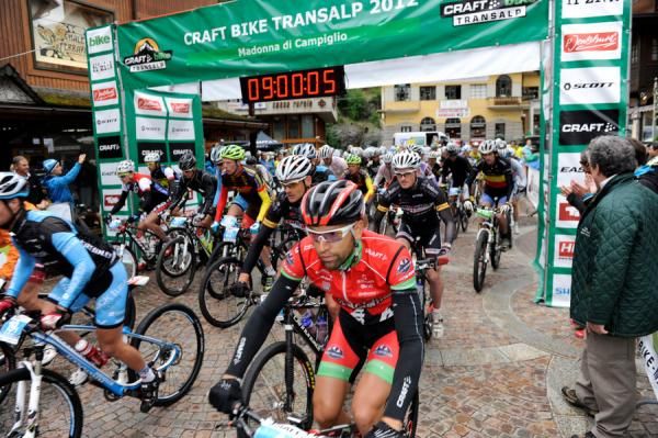 Riders leave stage eight from Madonna di Campiglio, Italy