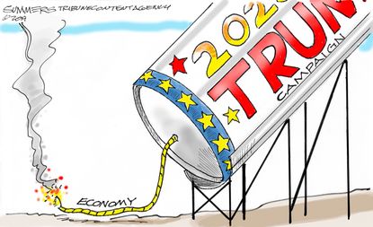 Political Cartoon U.S. Trump 2020 Economy Boom Firecracker Fuse