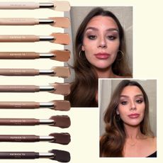 Patrick Ta contour and highlighting sticks surround side-by-side before-and-after photos showing cream contour placement and the finished blended makeup look.