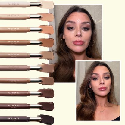 Patrick Ta contour and highlighting sticks surround side-by-side before-and-after photos showing cream contour placement and the finished blended makeup look.