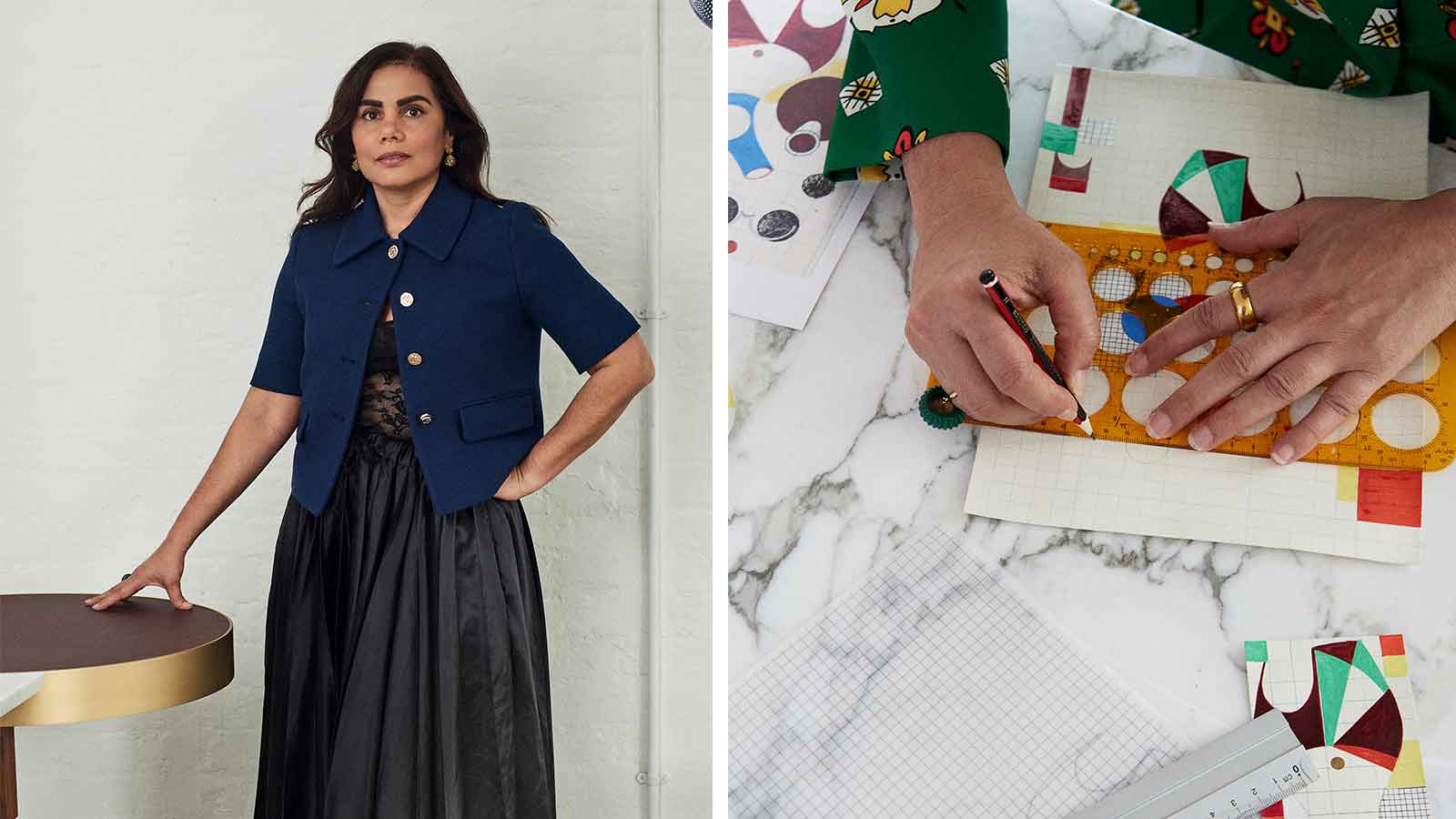 Portrait of Nipa Doshi, left. Nipa Doshi&#039;s hands drawing, right