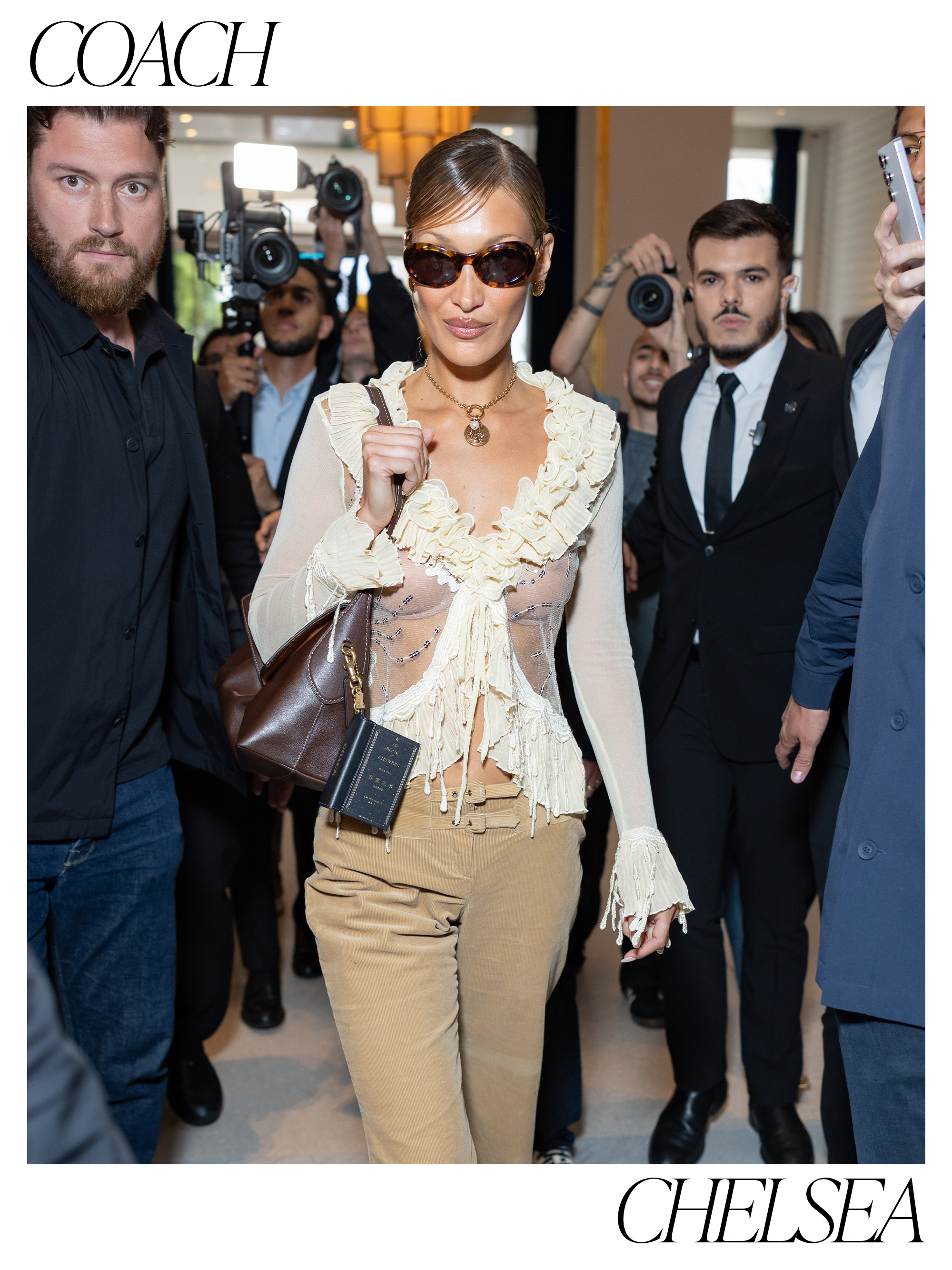an image of Bella Hadid carrying a Coach Chelsea bag in Cannes