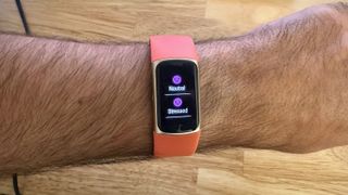 The post-EDA sensor reading screen showing mood options on the Fitbit Charge 6