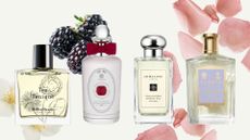 A collage of scents from British perfume brands, including fragrances from Miller Harris, Penhaligon's, Jo Malone and FLORIS, on a cream background with stock images of pink rose petals, blackberries and white flowers.