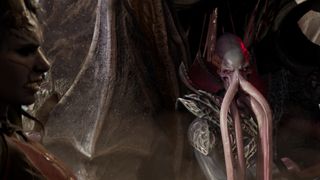 Baldur's Gate 3 illithid powers— A cutscene screenshot; a mind flayer stares toward the camera, while a player character can be seen grimacing on the left-side of the screen.