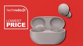 Sony WF-1000XM5 earbuds and case on red background with TR's Lowest Price badge