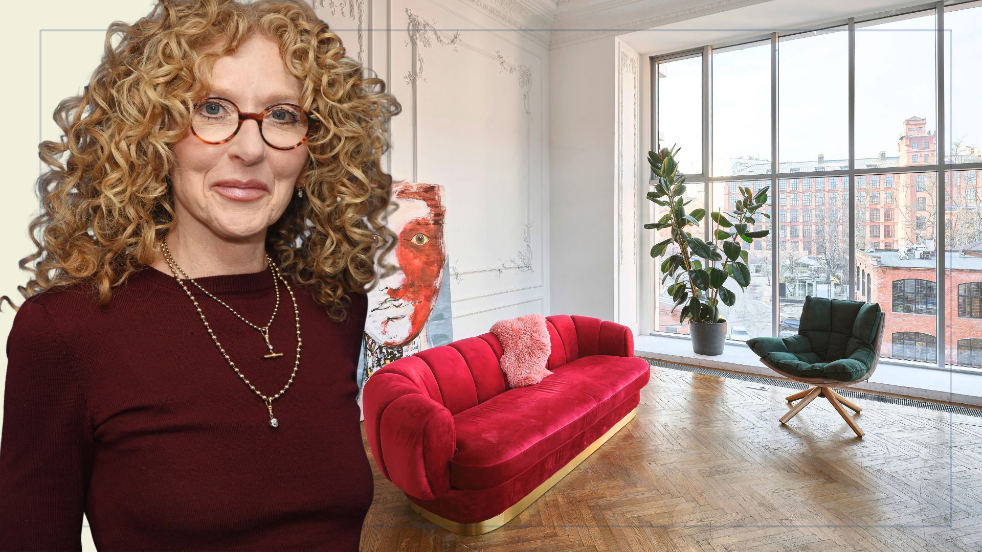 picture of loft with burgundy sofa and emerald chair with cut out Kelly Hoppen over top