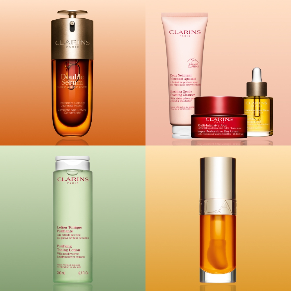 Image split into 4 quarters with different Clarins beauty products