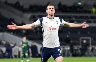 Gareth Bale celebrates after scoring for Tottenham against Sheffield United, 2021