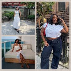 a collage of editor outfits featuring our team's favorite new fashion items we bought in August