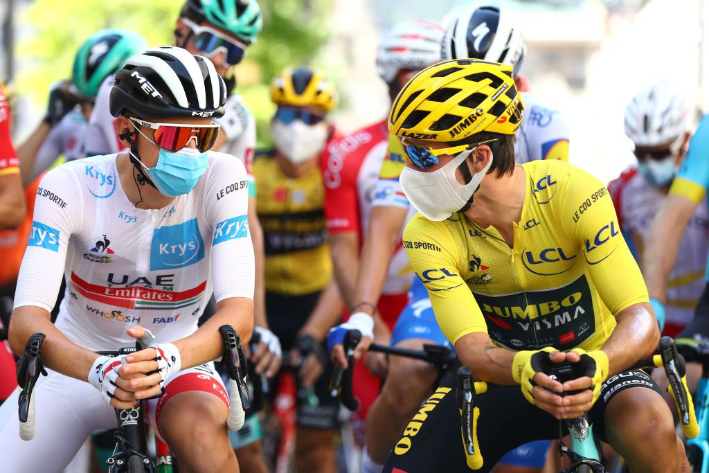 White jersey Tadej Pogacar and yellow jersey Primoz Roglic