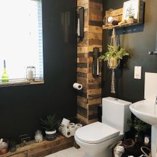 grey bathroom with white toilet and hanging plant