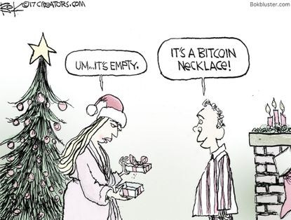 Political cartoon U.S. bitcoin Christmas