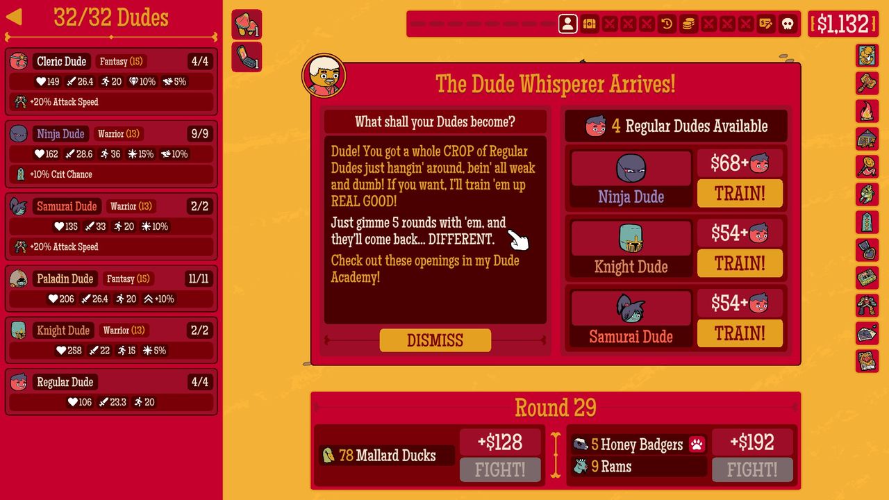 Several screenshots from How Many Dudes? by developer Butterscotch Shenanigans, demonstrating a variety of gameplay mechanics.