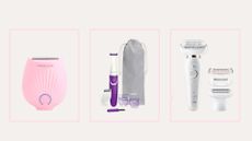 Magnitone Gobare Rechargeable Mini Travel Shaver,Philips BRT383/15 Essential Bikini Trimmer,Braun Silk-epil 9 Flex, a selection of the best bikini trimmers on a pale background