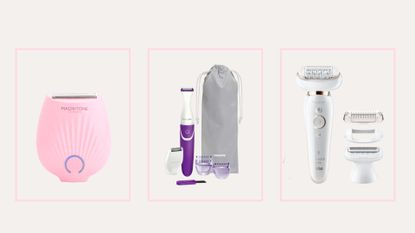 Magnitone Gobare Rechargeable Mini Travel Shaver,Philips BRT383/15 Essential Bikini Trimmer,Braun Silk-epil 9 Flex, a selection of the best bikini trimmers on a pale background